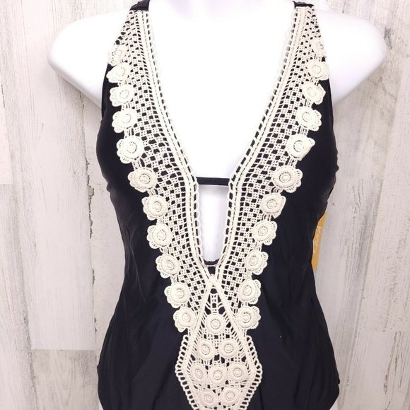Kona Sol Crochet Trim Plunge One Piece Swimsuit M - Picture 4 of 5